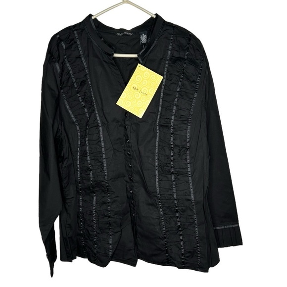 New Dialogue Women’s Ruched Button Front Blouse Size 3X Black L/S BNWT - Picture 1 of 4